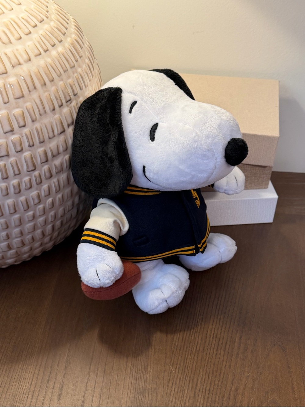 Peanuts Snoopy Plush in Navy, White & Black Varsity Jacket with Football